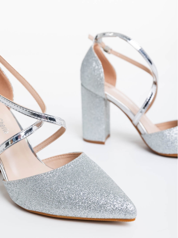 Pantofi dama argintii cu toc din material textil Sirenna, 6 - Kalapod.net
