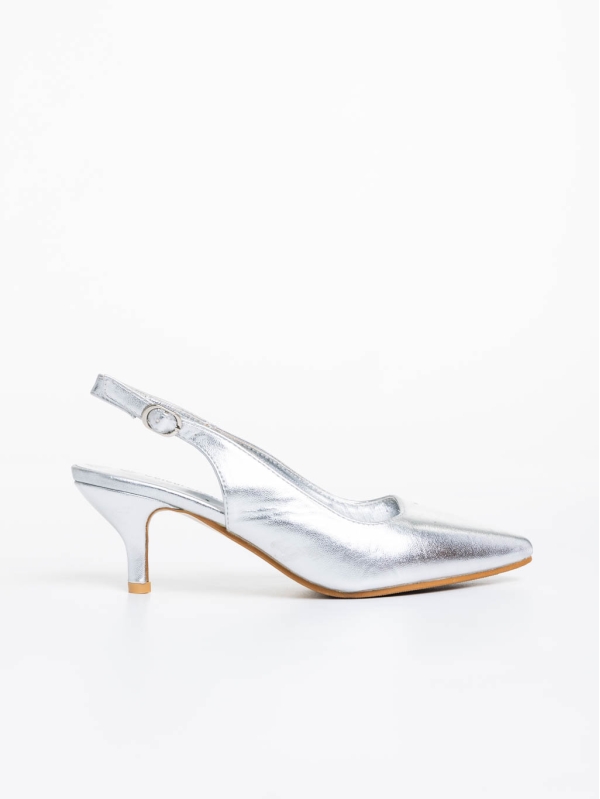 Pantofi dama argintii cu toc din material textil Valbona, 5 - Kalapod.net