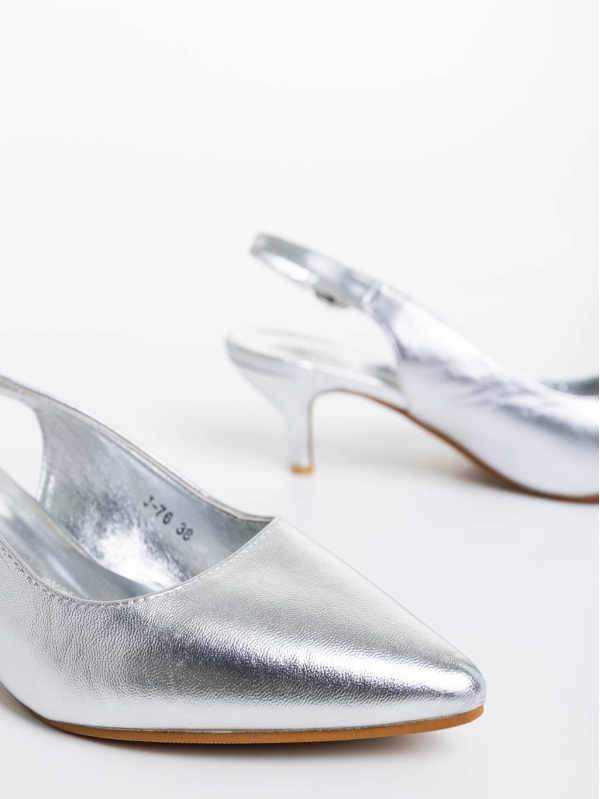 Pantofi dama argintii cu toc din material textil Valbona, 6 - Kalapod.net