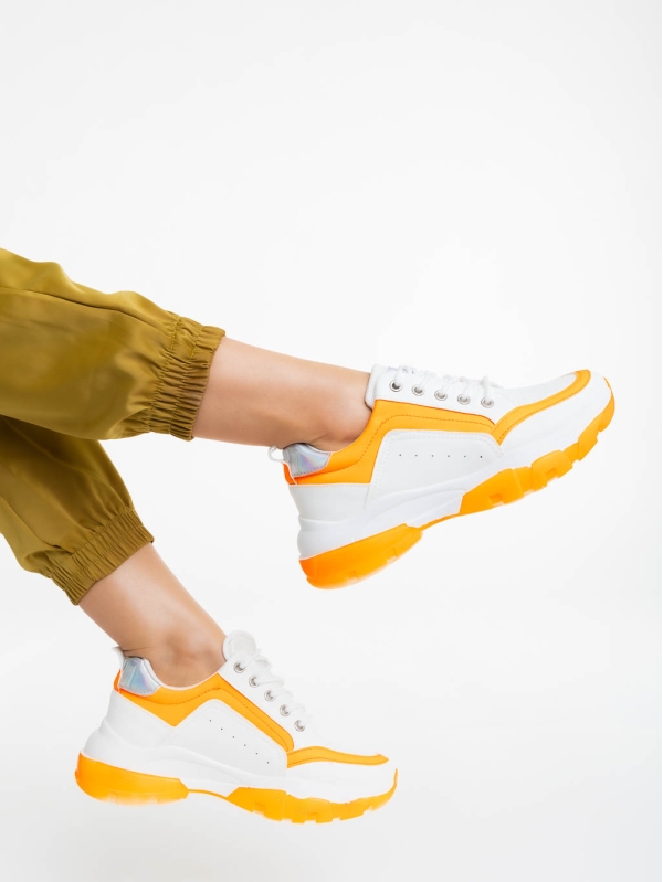 Pantofi sport dama albi cu portocaliu din piele ecologica Mona, 3 - Kalapod.net