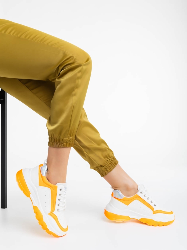 Pantofi sport dama albi cu portocaliu din piele ecologica Mona, 4 - Kalapod.net