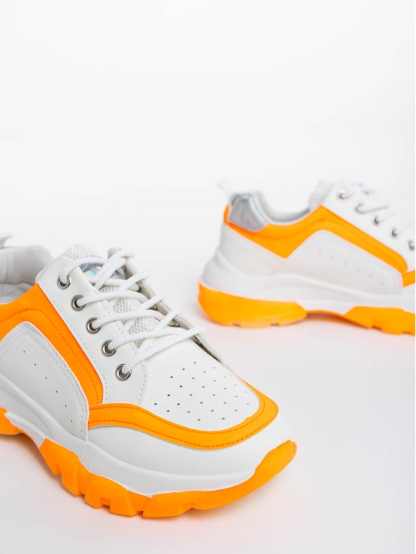 Pantofi sport dama albi cu portocaliu din piele ecologica Mona, 6 - Kalapod.net