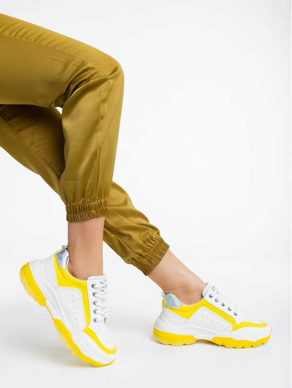 Pantofi sport dama albi cu galben din piele ecologica Mona, 4 - Kalapod.net