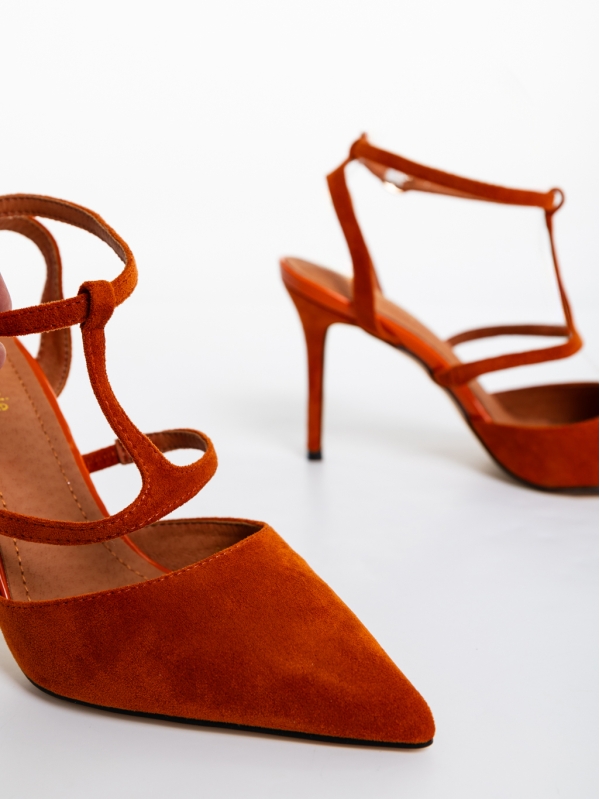 Pantofi dama portocalii inchis cu toc din material textil Caramela, 6 - Kalapod.net