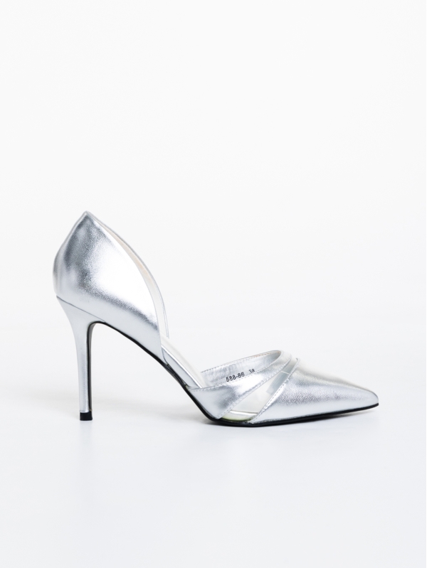 Pantofi dama argintii cu toc din piele ecologica Szintia, 5 - Kalapod.net