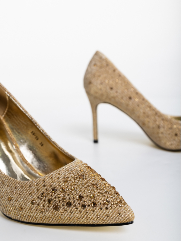 Pantofi dama aurii cu toc din material textil Lycia, 6 - Kalapod.net