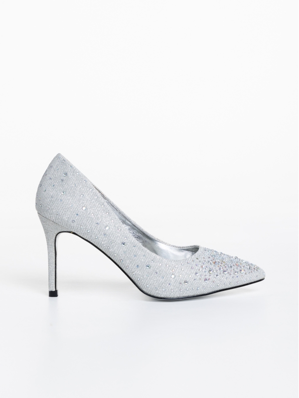 Pantofi dama argintii cu toc din material textil Lycia, 5 - Kalapod.net