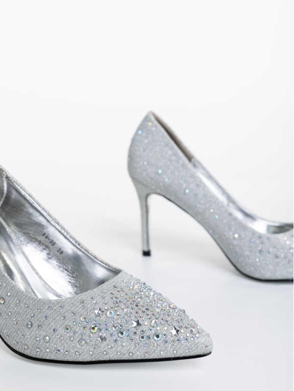 Pantofi dama argintii cu toc din material textil Lycia, 6 - Kalapod.net