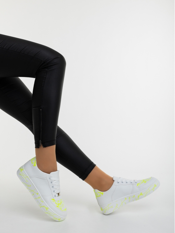 Pantofi sport dama albi cu verde neon din piele ecologica Safara - Kalapod.net