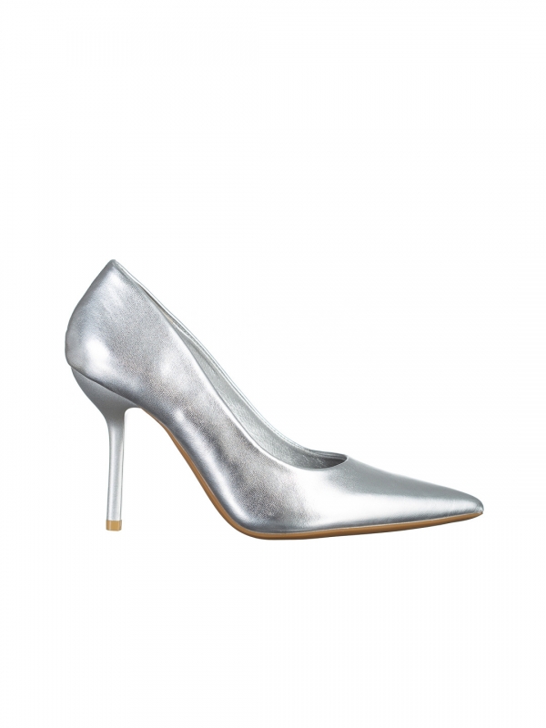 Pantofi dama argintii din piele ecologica cu toc Leya, 6 - Kalapod.net