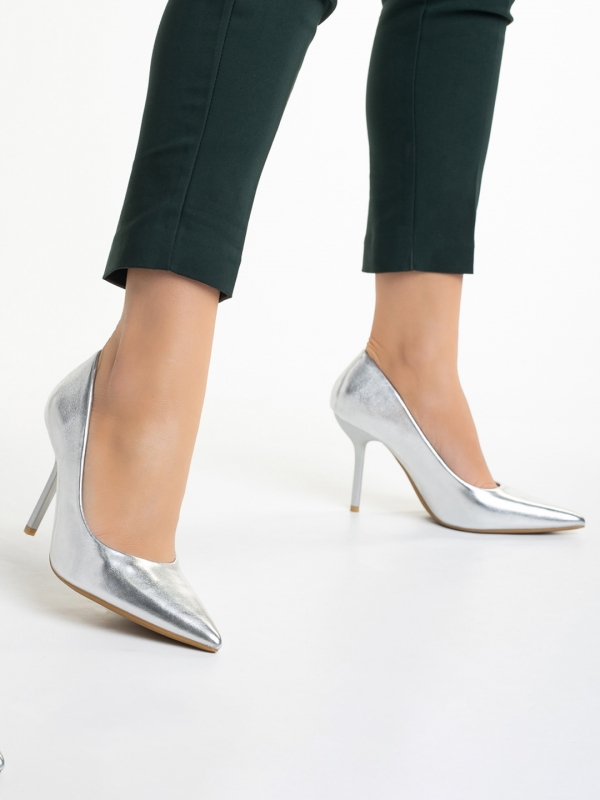 Pantofi dama argintii din piele ecologica cu toc Leya, 2 - Kalapod.net