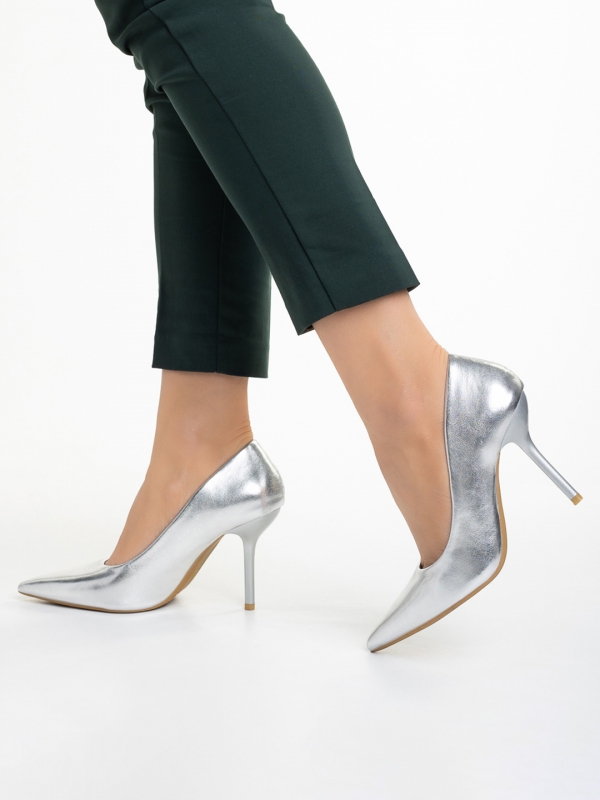 Pantofi dama argintii din piele ecologica cu toc Leya, 3 - Kalapod.net