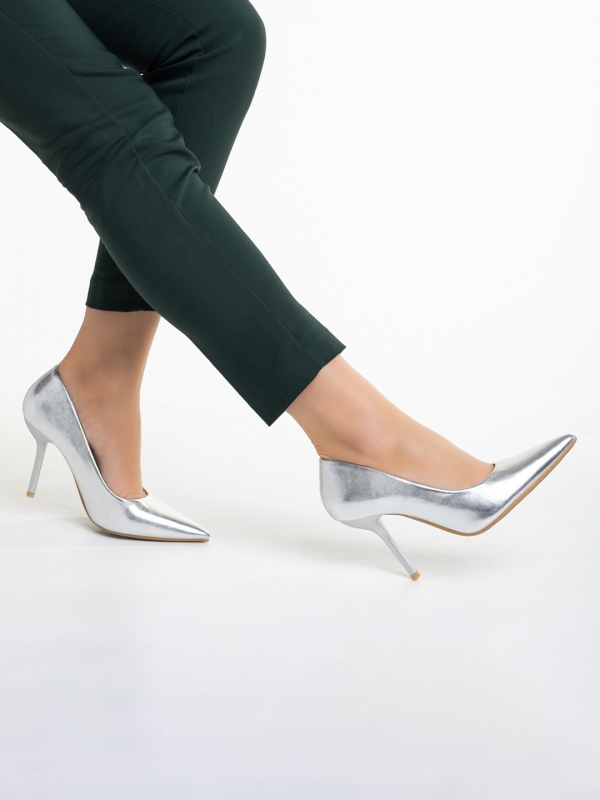 Pantofi dama argintii din piele ecologica cu toc Leya, 4 - Kalapod.net