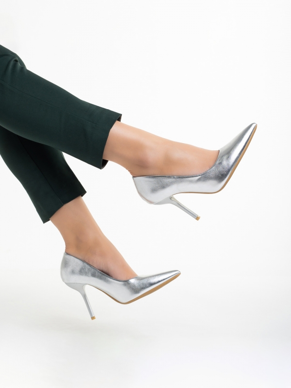 Pantofi dama argintii din piele ecologica cu toc Leya, 5 - Kalapod.net