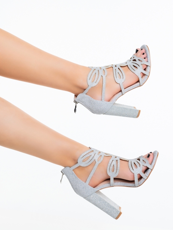 Sandale dama cu toc argintii din material textil Dalania, 4 - Kalapod.net