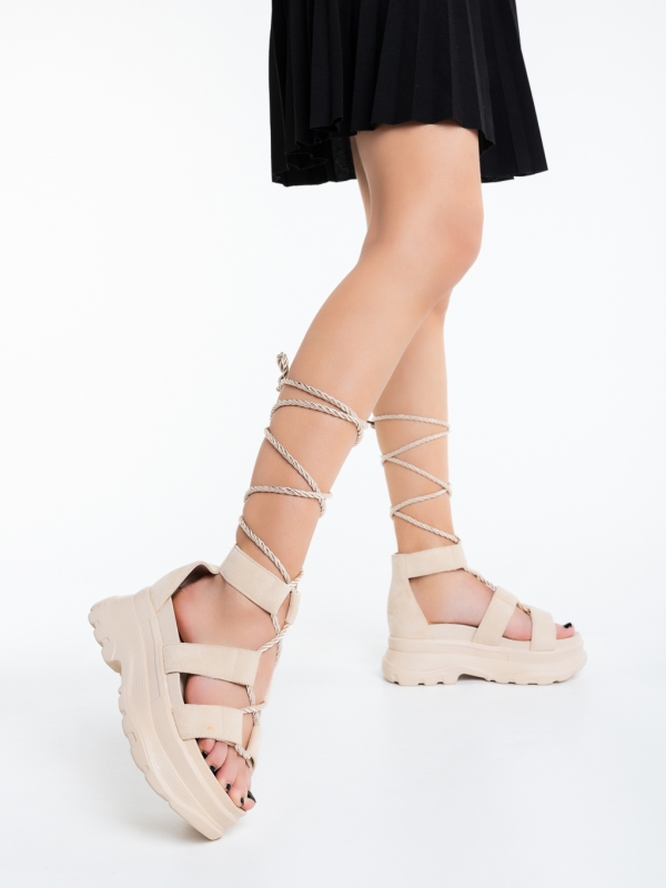 Sandale dama cu platforma bej din material textil Nayana, 3 - Kalapod.net