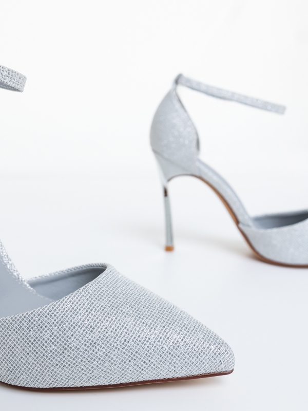 Pantofi dama cu toc argintii din material textil Micaro, 6 - Kalapod.net