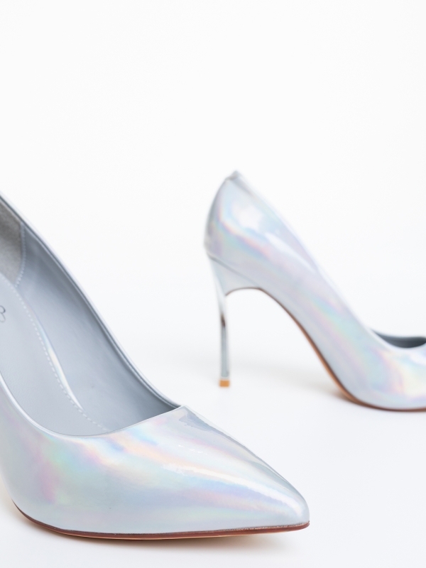 Pantofi dama cu toc argintii din piele ecologica lacuita Adorina, 6 - Kalapod.net