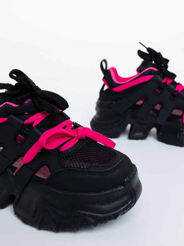Pantofi sport dama negri cu roz din piele ecologica si material textil Diania, 6 - Kalapod.net