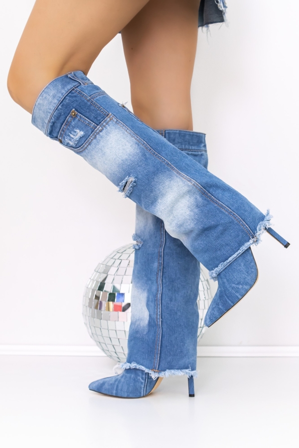 Cizme  dama cu toc albastre din material textil Elada, 3 - Kalapod.net