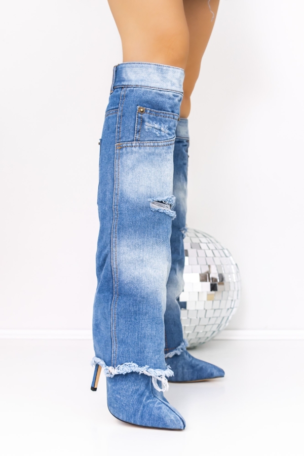 Cizme  dama cu toc albastre din material textil Elada, 4 - Kalapod.net