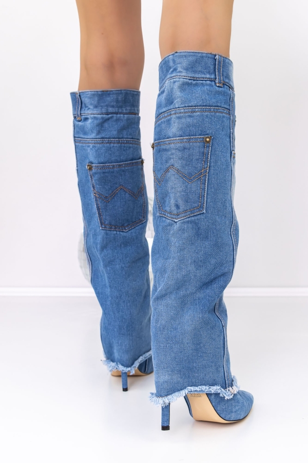 Cizme  dama cu toc albastre din material textil Elada, 5 - Kalapod.net